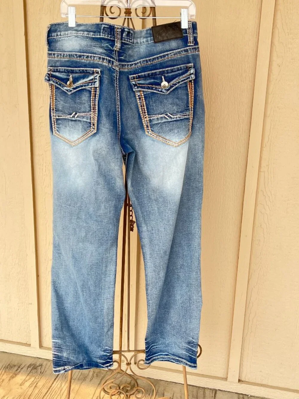 True Luck Mens Jeans Thick Stitch Denim Faded Wash Straight Leg Everyday 36x30